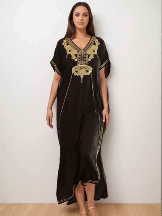 Kaftan exuberante preto e dourado